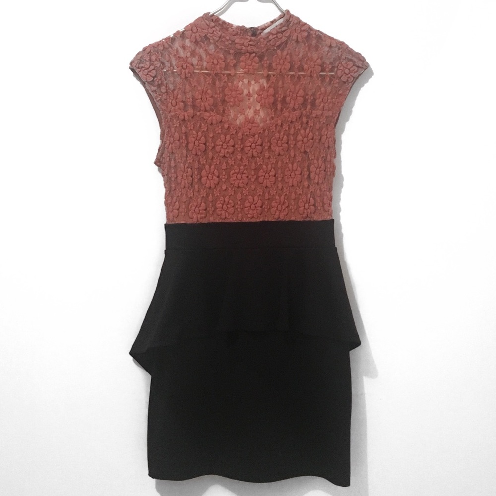 Mystic Blush Pink Black Lace Peplum Mini Dress – Size Medium